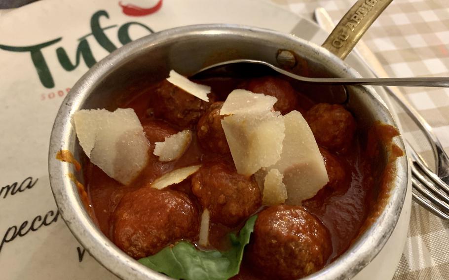 The menu at Tufo features a variety of appetizers including polpettine a ragu, or small meatballs in tomato sauce. A favorite with Neapolitans, the restaurant is in Naples' Posillipo enclave. 
