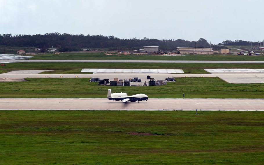 The Navy’s newest surveillance drone, the MQ-4C Triton, taxis at Andersen Air Force Base, Guam, Aug. 4, 2023.