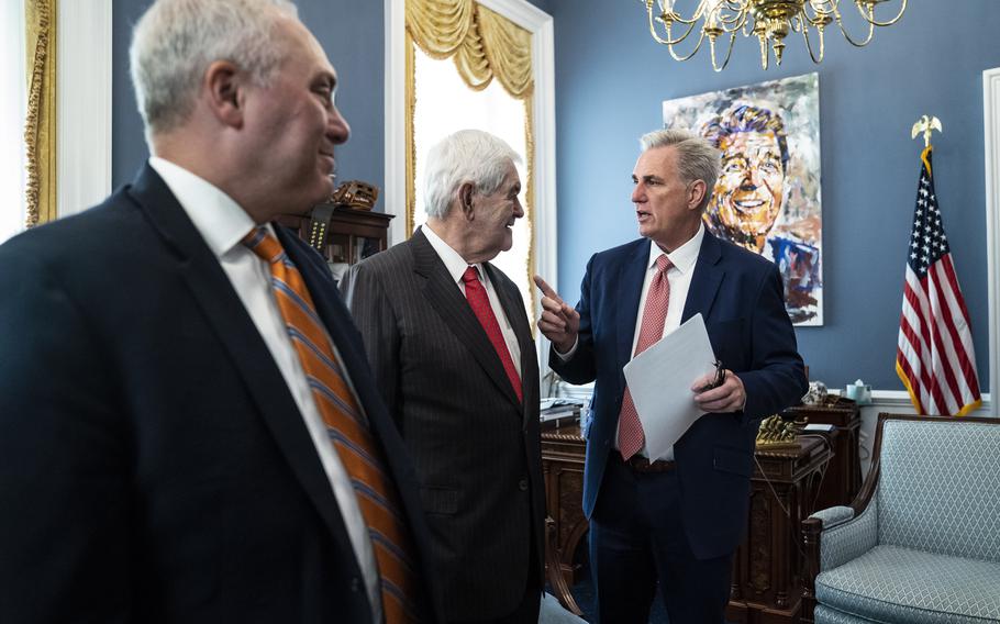 House Minority Leader Kevin McCarthy (R-Calif.) meets in his office with former House speaker Newt Gingrich and House Minority Whip Steve Scalise (R-La.) on Sept. 22 in Washington. 