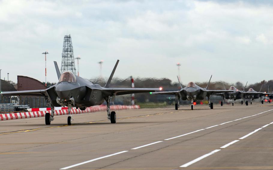 A U.S. Air Force F-35A Lightning II assigned to the 495th Fighter Squadron taxis on the flight line at RAF Lakenheath, England, Dec. 15, 2021.