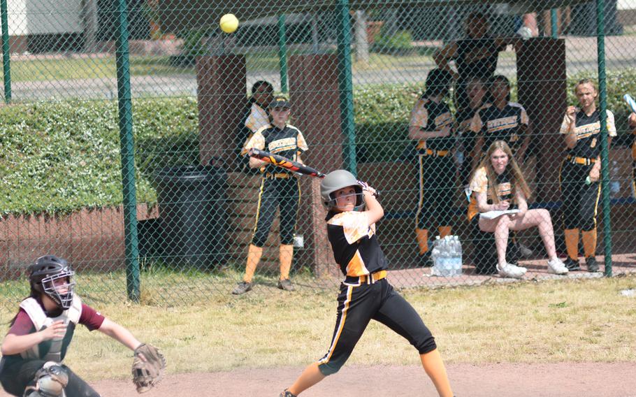 Stuttgart’s Shannon Correa gets a piece of the ball while at bat during a preliminary-round game against Vilseck on Thursday, May 19, 2022, in the DODEA-Europe softball tournament. Vilseck went on to win 5-0.