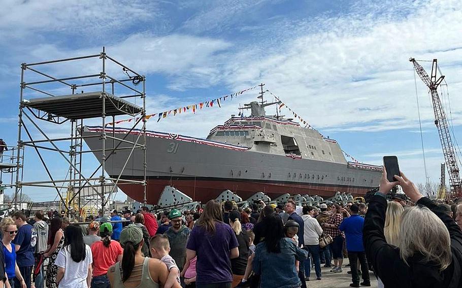 The future USS Cleveland, the fourth Navy ship to bear the name of the Ohio city, was christened and side-launched April 15, 2023, at Fincantieri Marinette Marine in Marinette, Wis.