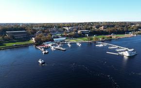 Aerial photograph of the waterfront facilities on campus at the Coast Guard Academy, New London, Nov. 2, 2023. (Coast Guard photograph by Petty Officer Matt Thieme)