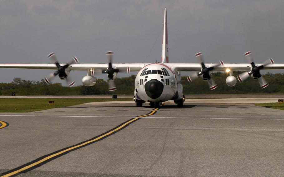 A Coast Guard C-130 waits to taxi to the active runway at Air Station Clearwater in 2007.