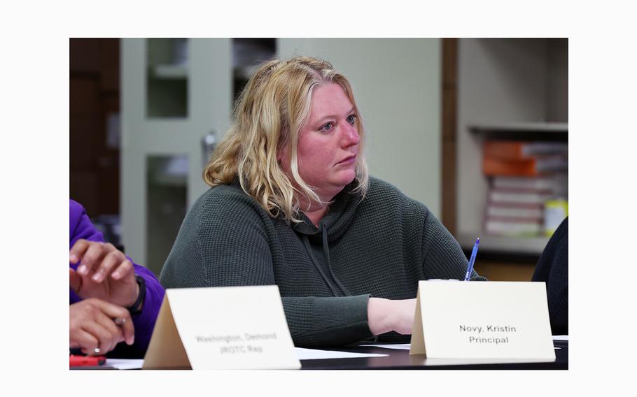 Marine Leadership Academy principal Kristin Novy is seen during a Board of Governors meeting at the school in Chicago on April 24, 2024. 