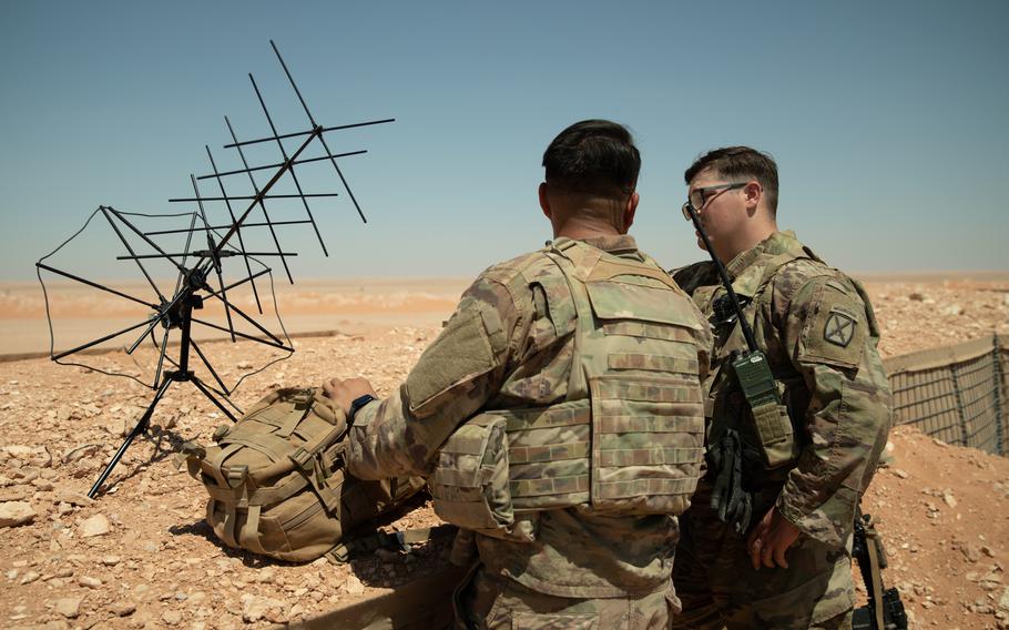 U.S. soldiers set up a portable antenna during a mortar operational rehearsal at Al-Tanf garrison, Syria, Aug. 3, 2022. Service members in northeast Syria conducted a raid targeting a senior Islamic State official, U.S. Central Command said Oct. 6, 2022.  