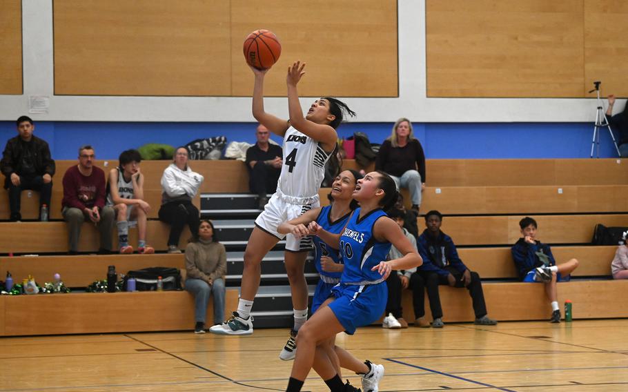 AFNORTH’s Selah Skariah goes up for a layup during the second half of a game against the Tigers at Hohenfels High School on Jan. 13, 2024.