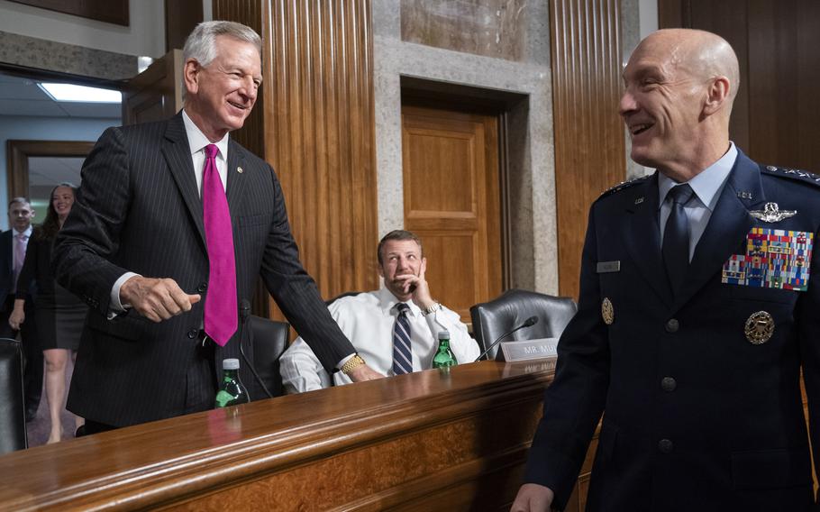 Sen. Tommy Tuberville, R-Ala., left, is greeted Tuesday, Sept. 12, 2023, by Gen. David Allvin, Air Force vice chief of staff, during a Senate Armed Services Committee hearing for Allvin’s nomination as the service’s next chief of staff. 