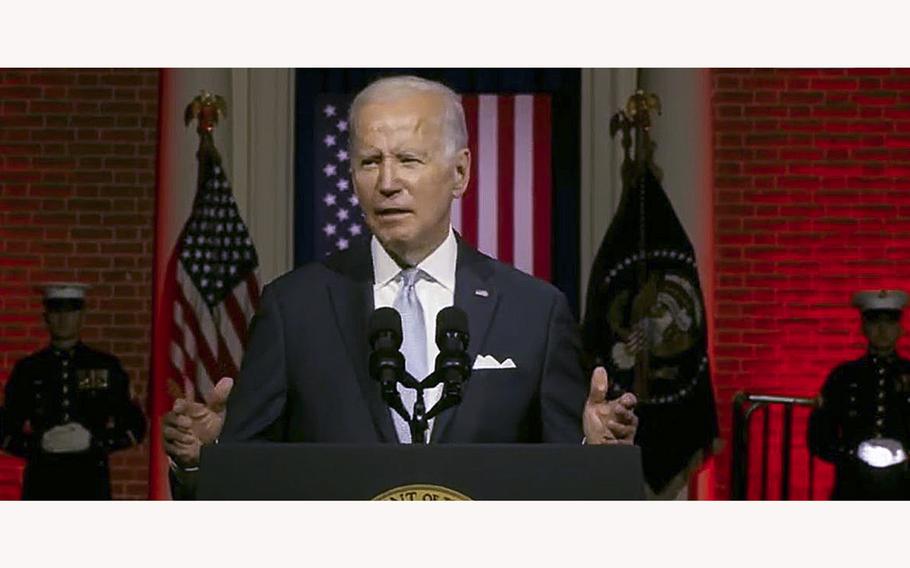 A video screen grab shows President Joe Biden speaking in Philadelphia on Thursday, Sept. 1, 2022.