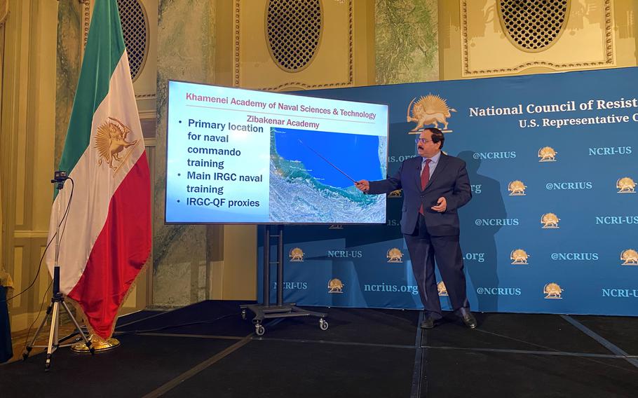 Iranian opposition figure Alireza Jafarzadeh briefs reporters Wednesday, Feb. 2, 2022, in Washington, D.C., on claims Iran is training naval militias to attack shipping in the Middle East. 