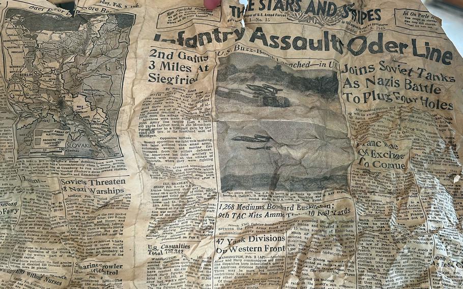 A copy of Stars and Stripes, dated Feb. 3, 1945, was found in the wall of an old farmhouse in Rohren, Germany. The paper was printed in Liege, Belgium, about an hour drive from the house.