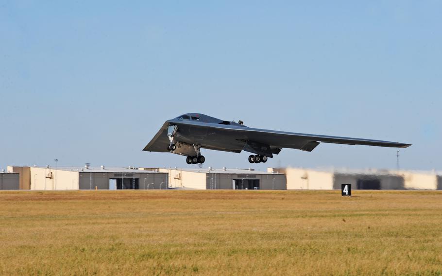 A B-2 Spirit launches from the runway during an exercise at Whiteman Air Force Base, Mo., Nov. 8, 2015. 