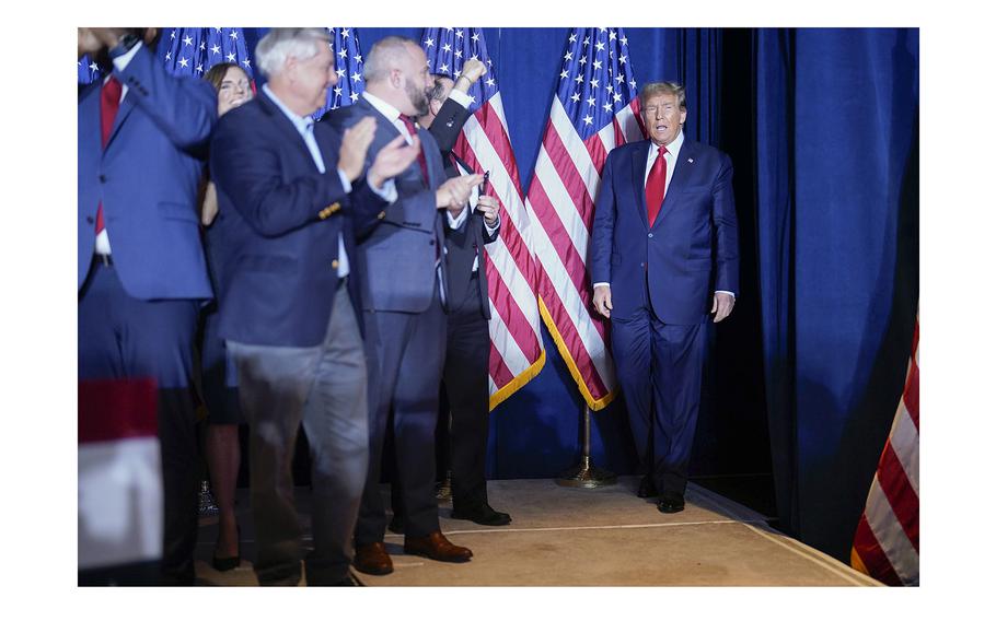 Former president Donald Trump takes the stage at a Republican primary watch party in Columbia, S.C., on Feb. 24, 2024.
