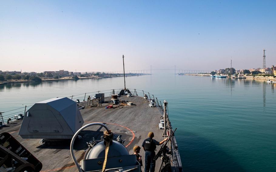 Littoral combat ship USS Sioux City transits the Suez Canal, May 29, 2022,  deploying to the U.S. 5th Fleet area of operations.