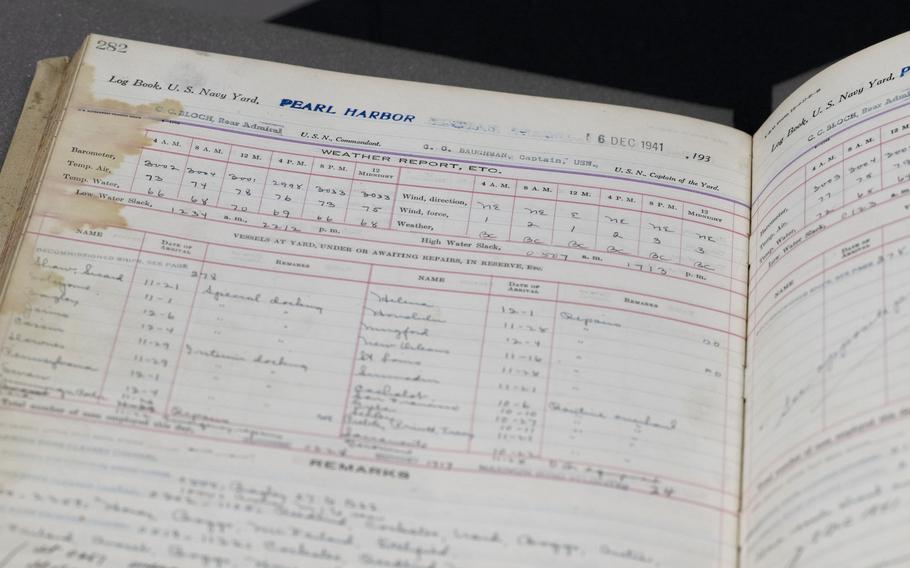 The worn, stained pages of the old log book.