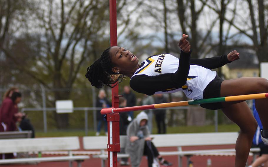 Ansbach’s Tamia McLaughlin cleared 5 feet, 1 inch in the high jump at the DODEA-Europe track and field meet at Wiesbaden High School, Germany, on Saturday. McLaughlin won both the high jump and the long jump, qualifying for Europeans and a chance to defend her titles in both of those events.