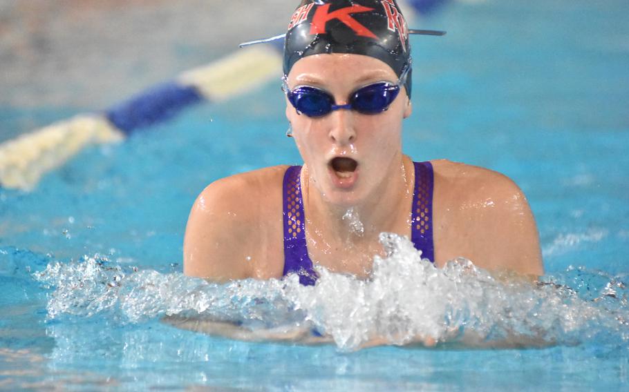 Eliza Furqueron of the Kaiserslautern Kingfish nears the halfway point of the breast stroke portion of a girls 400-meter individual medley heat on Saturday, Nov. 26, 2022, at the European Forces Swim League Long Distance Championships in Lignano Sabbiadoro, Italy.