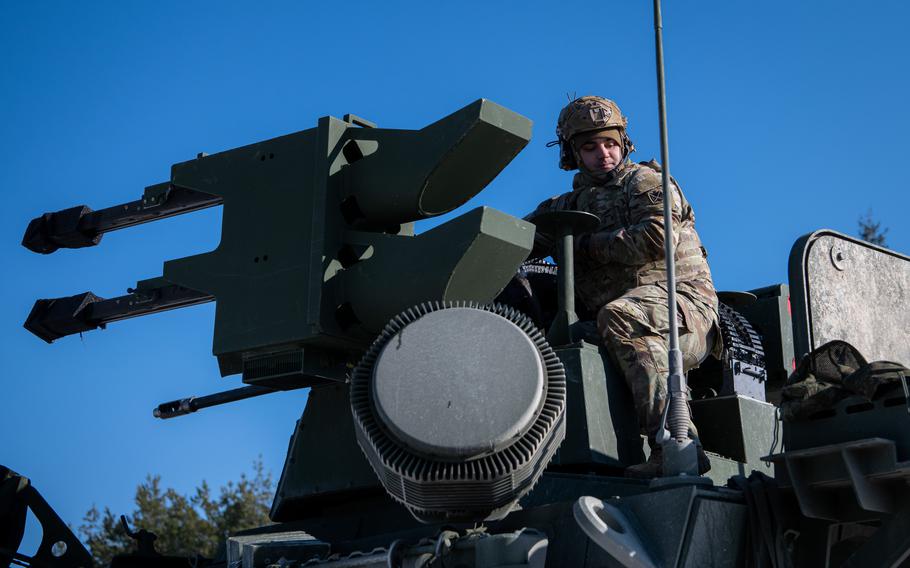 Staff Sgt. Cody Reichard trains on the maneuver short-range air defense, or M-SHORAD system, at Grafenwoehr Training Area, Germany, Feb. 9, 2023.