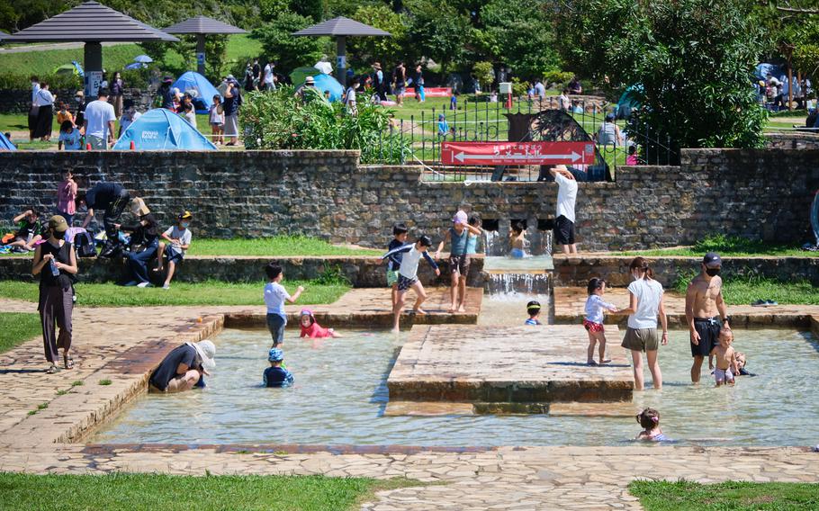 At Soleil Hill Park near Yokosuka Naval Base, Japan, you can enjoy one of the various water areas where kids and adults alike dip their feet or splash around to cool off. 