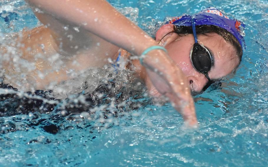 Ramstein sophomore Sofia Denham, a member of the Kaiserslautern Kingfish, competes in her first European Forces Swim League Long Distance Championships event on Saturday, Nov. 26, 2022.