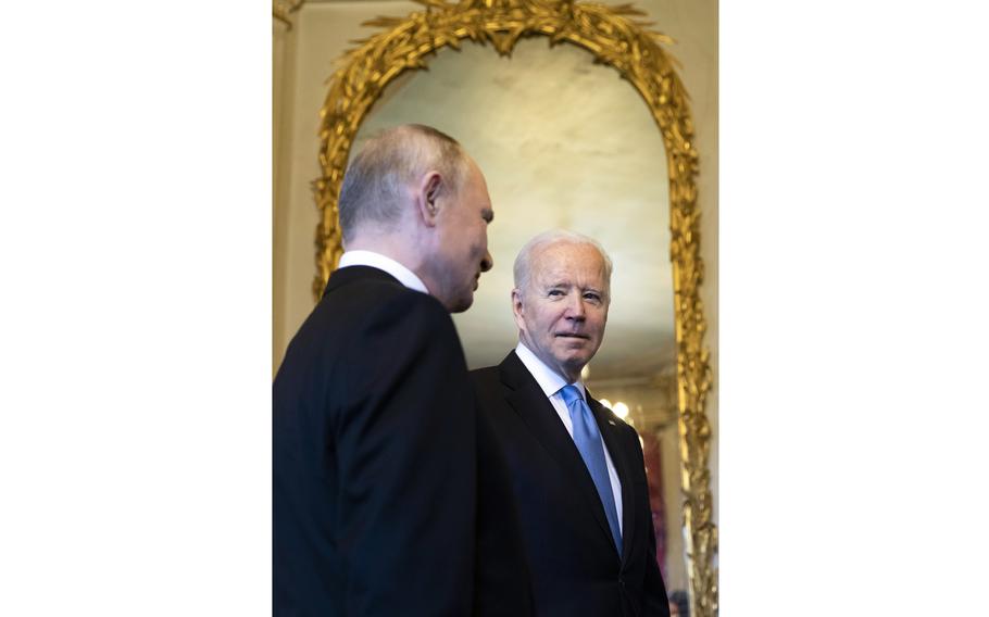 President Joe Biden, right, and Russian President Vladimir Putin meet during the U.S. Russia summit at Villa La Grange on June 16, 2021, in Geneva, Switzerland. 