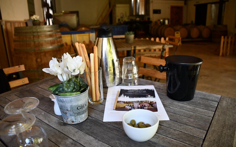 The tasting table at the end of the cheese and wine tour at Giffords Hall Vineyard in Bury St. Edmunds, England. Guests can select a variety of wine tour packages. 