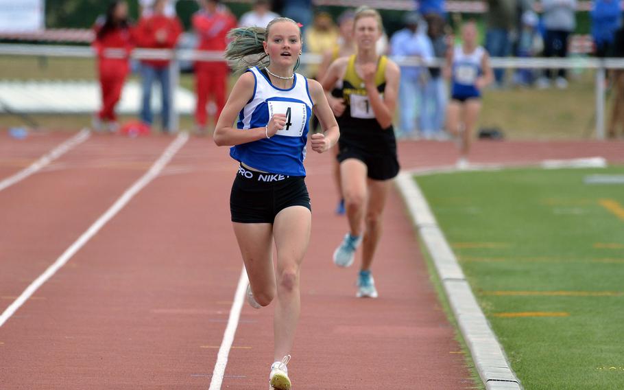 Ramstein’s Caroline Swinson won the girls 1,600-meter race at the 2025 DODEA-Europe track and field finals in Kaiserslautern, Germany, in 5 minutes, 25.25 seconds ahead of Stuttgart’s Anna Konon