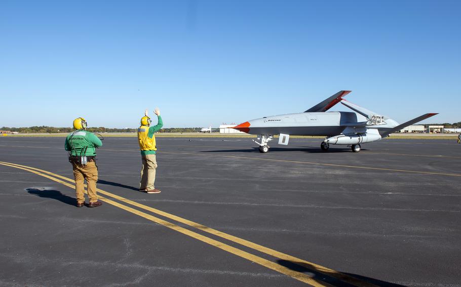 The U.S. Navy and Boeing test the MQ-25 Stingray, an aerial refueling drone, at Naval Station Norfolk, Va., Nov. 11, 2021. 