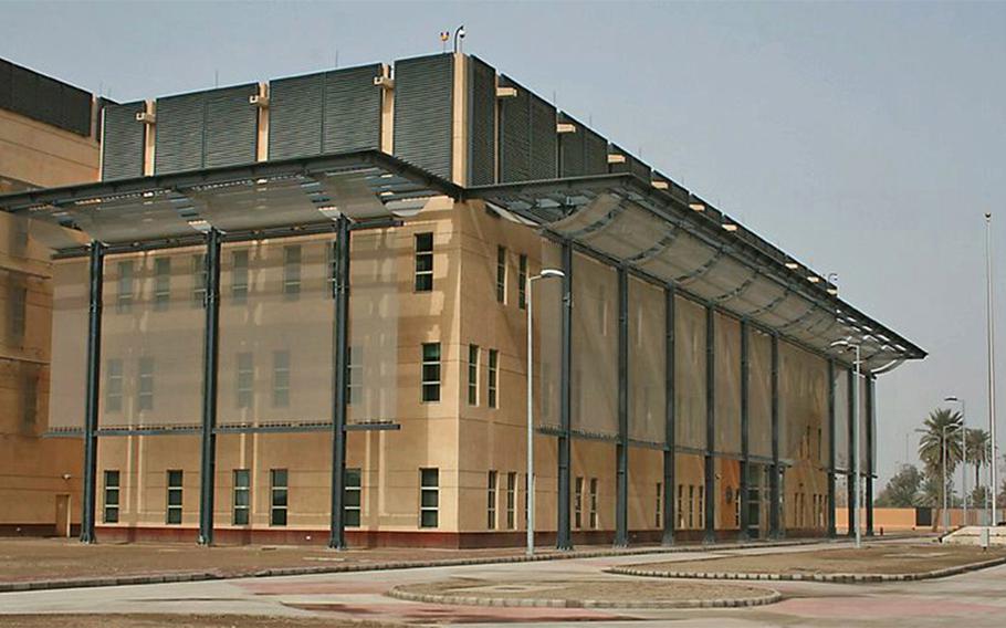 The U.S. Embassy in Baghdad. A counter-rocket battery at the embassy shot down a drone July 6, 2021.