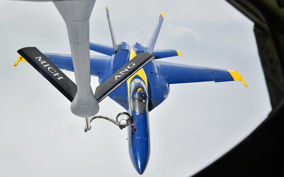Airmen and aircraft from the 127th Air Refueling Group at Selfridge Air National Guard Base, Mich., refuel the U.S. Navy Blue Angels traveling from Alaska to Michigan, Aug. 2, 2021. The Blue Angels will return to the Thunder Over Michigan air show in Ypsilanti Saturday and Sunday, July 16-17, 2022.