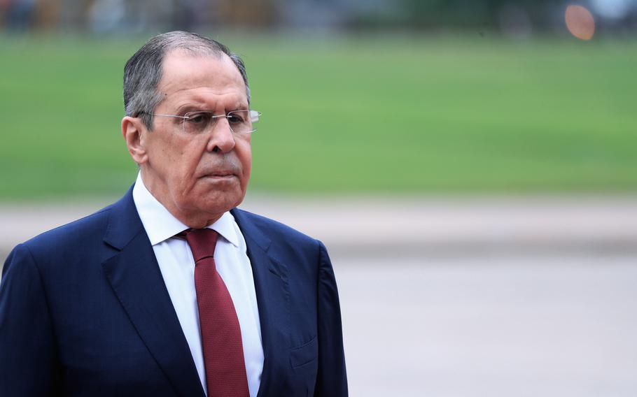 Russian Foreign Minister Sergey Lavrov stands in front of Ho Chi Minh mausoleum in Hanoi, Vietnam.