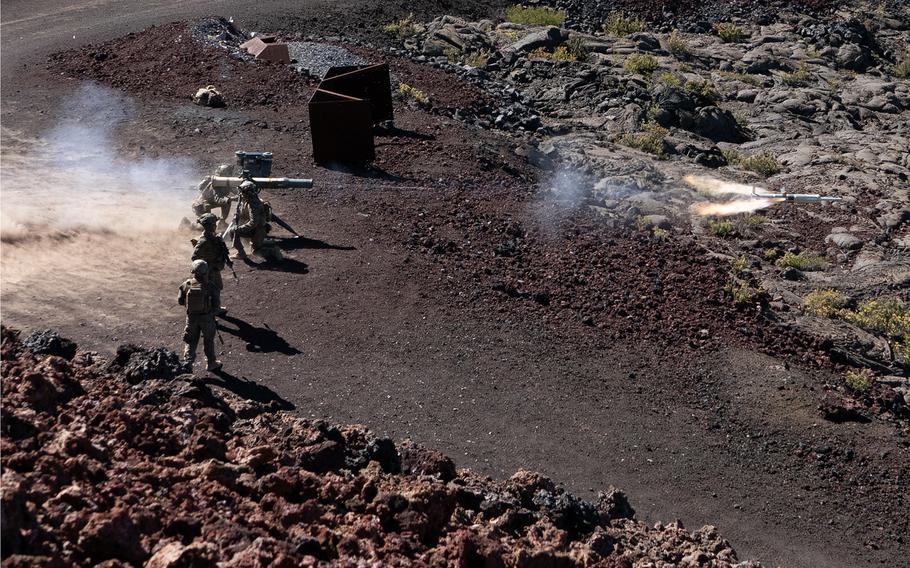 Marines from the 3d Littoral Combat Team train on tube-launched, optically tracked, wire-guided missiles or TOW missile system in Hawaii in January. 