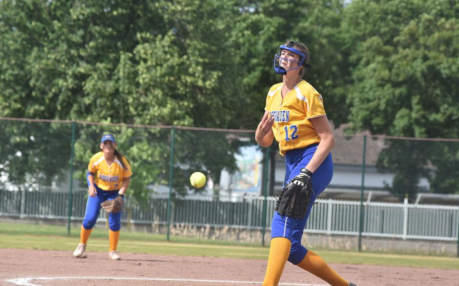 Wiesbaden’s Lyndsey Urick hurls the ball toward the plate on Saturday, May 21, 2022, at the DODEA-Europe Division I softball championships at Kaiserslautern, Germany. The 6-foot-5 senior is also in the center of the action during the volleyball season, which begins Saturday.