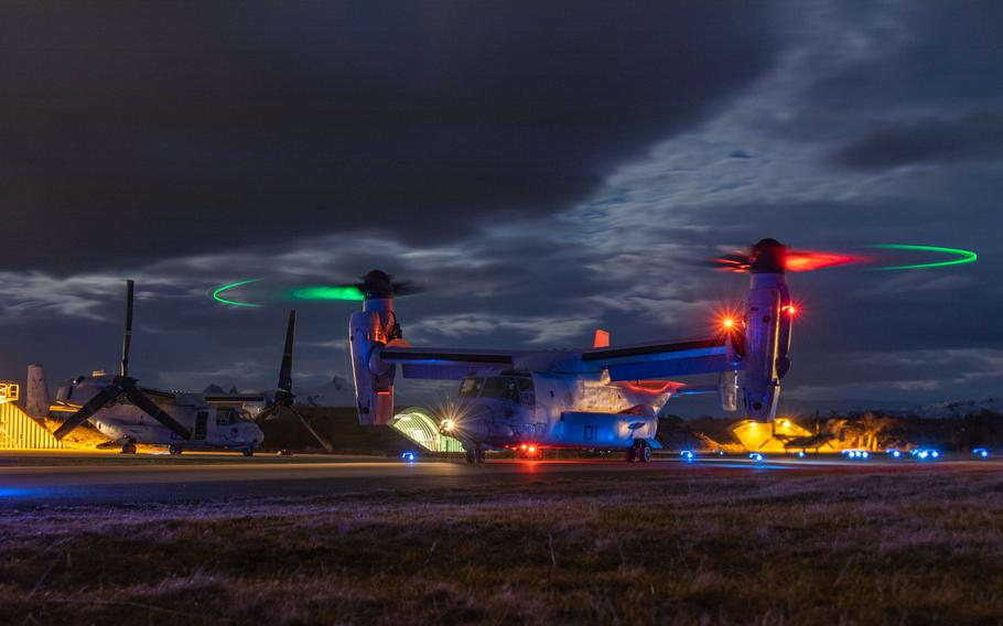 U.S. Marines prepare to take off in a MV-22B Osprey at Norwegian Air Force Base Bodo during Exercise Cold Response 22, Norway, March 16, 2022. Four Marines were killed in March when their Osprey crashed during the training exercise.