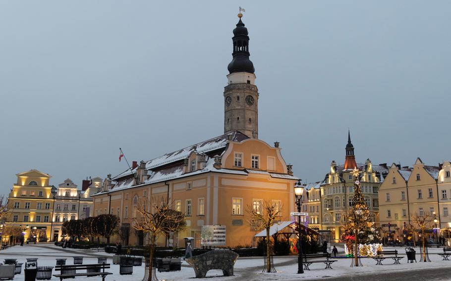 The main square in Boleslawiec, Poland, photographed on Dec. 14, 2022. 