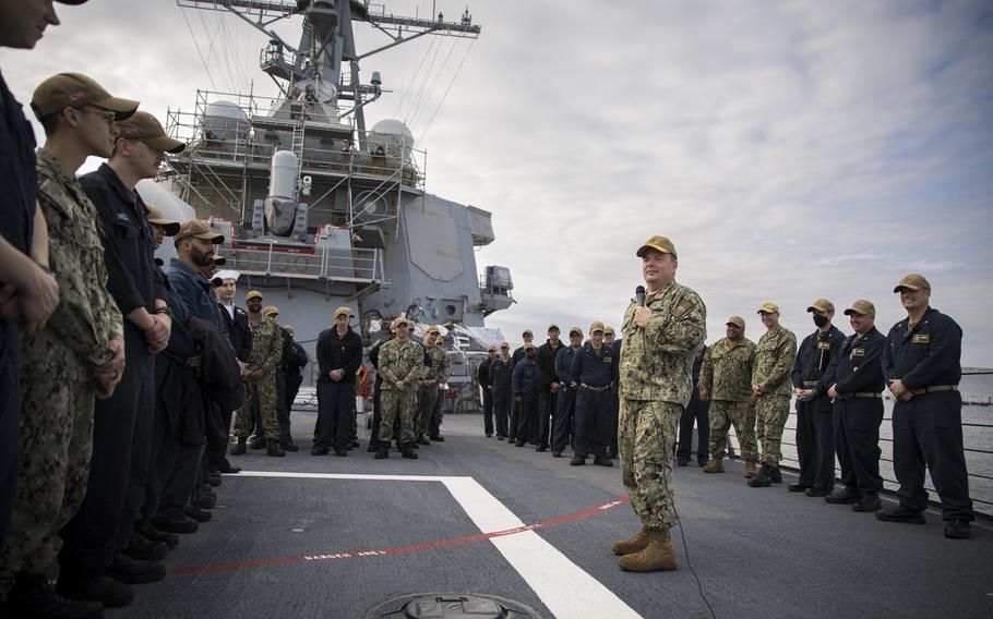 Vice Adm. Rick Cheeseman, chief of naval personnel, speaks to sailors on Feb. 22, 2023, during an all-hands call aboard the guided-missile destroyer USS Stout at Naval Station Norfolk, Va.