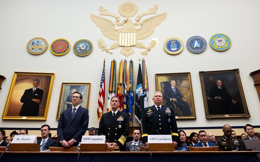 Dr. Ely S. Ratner, assistant secretary of defense for Indo-Pacific Security Affairs; Navy Adm. John Aquilino, commander of U.S. Indo-Pacific Command; and Army Gen. Paul J. LaCamera, commander of U.S. Forces Korea/Combined Forces Command/United Nations Command wait to testify before the House Armed Services Committee in Washington on Wednesday, March 20, 2024.