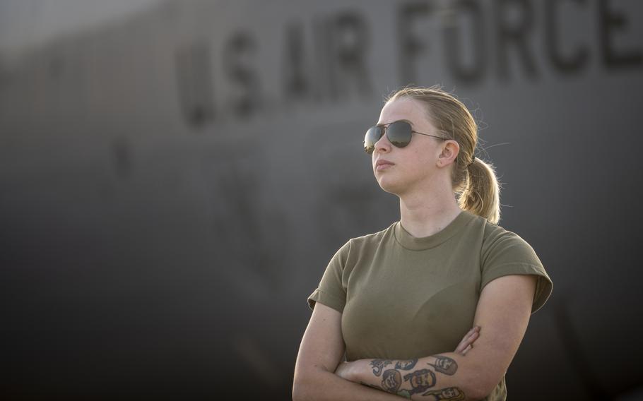 U.S. Air Force Airman 1st Class Grace Pritchard, 6th Maintenance Squadron crew chief, prepares a KC-135 Stratotanker for takeoff during Operation Violent Storm at MacDill Air Force Base, Florida, April 26, 2023.
