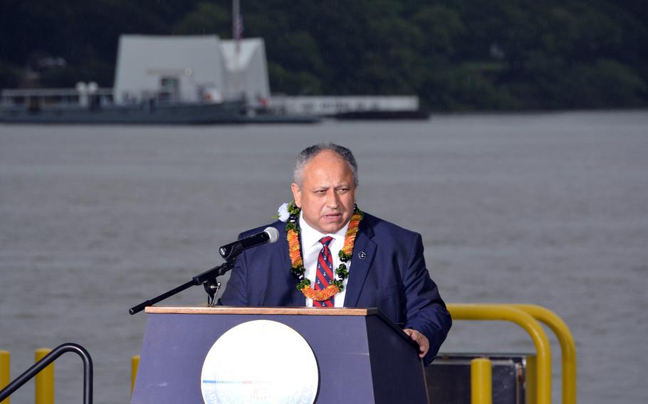 Secretary of the Navy Carlos Del Toro speaks during the commemoration of the 80th anniversary of the surprise attack on Pearl Harbor at Joint Base Pearl Harbor-Hickam, Hawaii, Tuesday, Dec. 7, 2021.