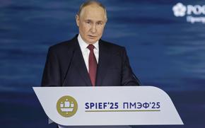In this photo released by the Roscongress Foundation, Russian President Vladimir Putin speaks at a plenary session of the St. Petersburg International Econimic Forum in St. Petersburg, Russia, Friday, June 20, 2025. (Vyacheslav Viktorov/ Roscongress Foundation via AP)