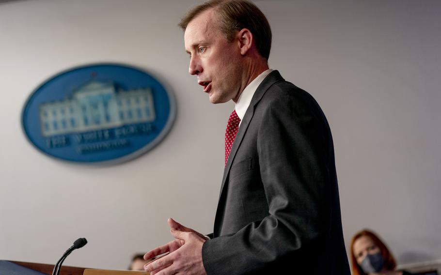 White House national security adviser Jake Sullivan gives an update about the ongoing talks with Russia at a press briefing at the White House in Washington, Thursday, Jan. 13, 2022. 