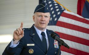 Air Force Brig. Gen. Paul Birch speaks after taking command of the 36th Wing at Andersen Air Force Base, Guam, June 10, 2022.