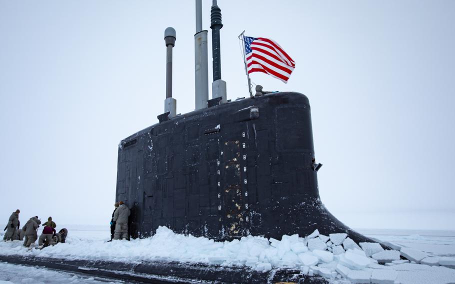 The USS Illinois surfaces during Ice Exercise 2022 in the Beaufort Sea, March 6, 2022. The Navy’s 2023 plan calls for the decommissioning of 77 warships, including 10 fast-attack submarines such as the Illinois.