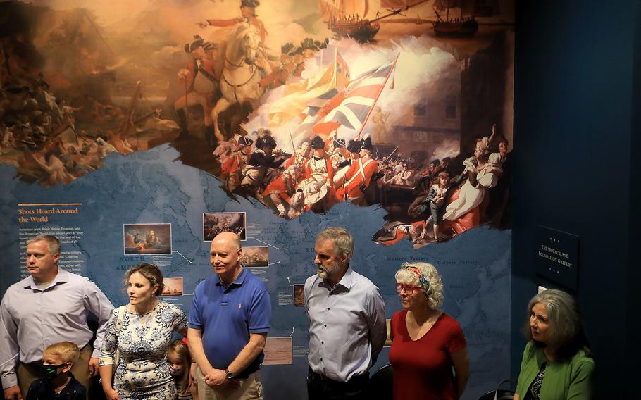 From left to right: Brian Driskell, Henry Driskell, Emily Driskell, Abigail Driskell, Stephen Balderston, David Edge, Aileen Edge and Cecilia Balderston wait for the unboxing of artifacts at the Museum of the American Revolution in Philadelphia, Pa. on June 16, 2021. Two families descended from Betsy Ross have independently donated Ross artifacts to the museum. Emily Driskell is the daughter of David and Cecilia Balderston.