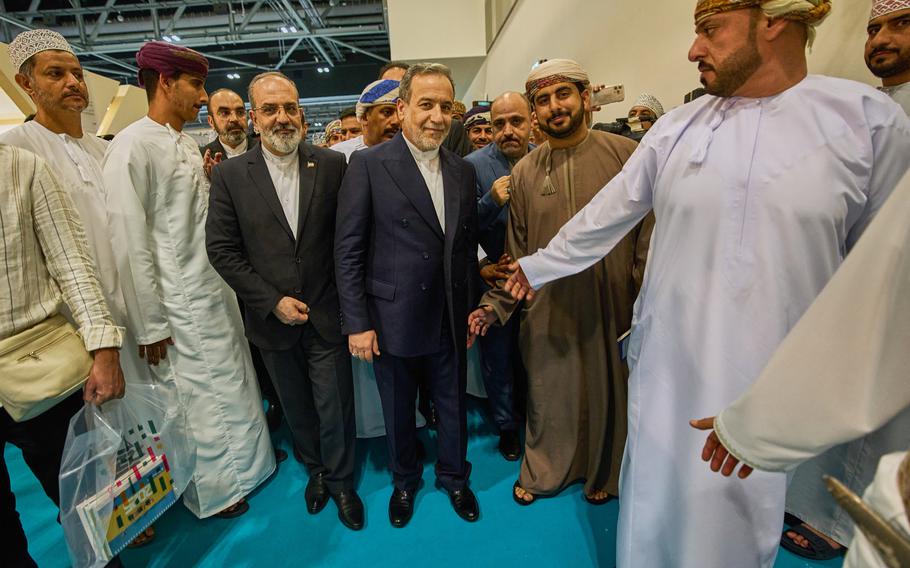 Iranian Foreign Minister Abbas Araghchi, visits the Muscat International Book Fair in Oman, Friday, April 25, 2025.