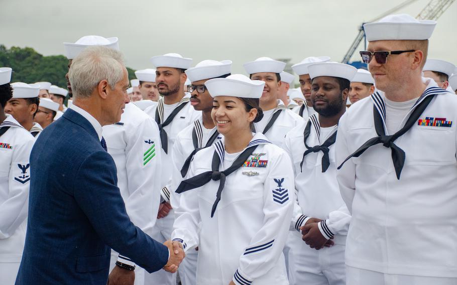 U.S. Ambassador to Japan Rahm Emanuel thanks USS Ronald Reagan sailors as they prepare to depart Yokosuka Naval Base, Japan, May 16, 2024.