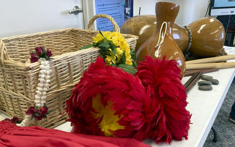 Hula supplies on display for Multicultural Day at John O. Arnn Elementary School near Camp Zama, Japan, on Feb. 15, 2024. 