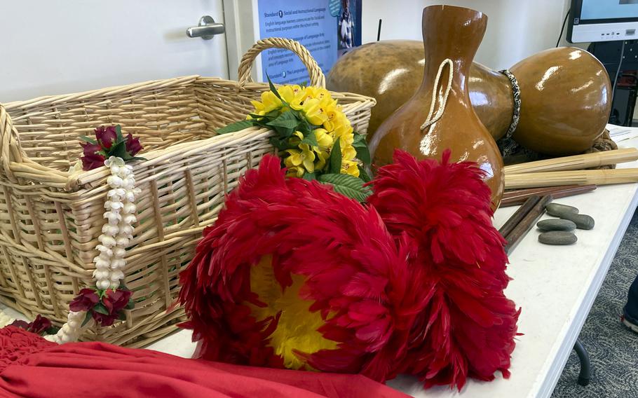 Hula supplies on display for Multicultural Day at John O. Arnn Elementary School near Camp Zama, Japan, on Feb. 15, 2024. 