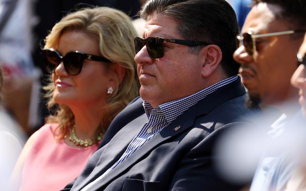 Illinois Gov. J.B. Pritzker and his wife, M.K. Pritzker, listen to speakers during a remembrance ceremony honoring the victims and survivors of the Highland Park shooting on July 4, 2023, in Highland Park, Illinois. On Tuesday, the Pritzkers donated a historic document to the Abraham Lincoln Presidential Library and Museum in Springfield. (Stacey Wescott/Chicago Tribune/TNS)