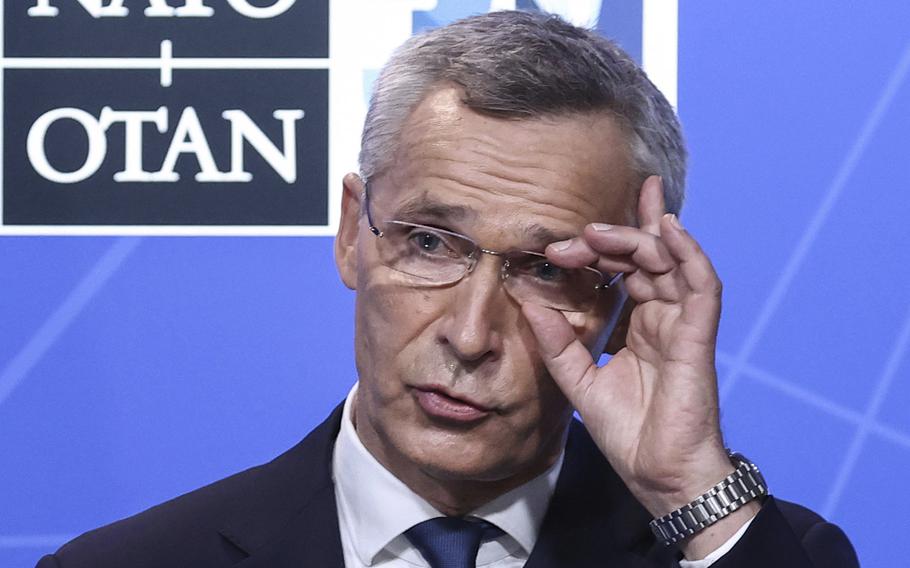 NATO Secretary General Jens Stoltenberg speaks during a media conference at a NATO summit in Brussels, Monday, June 14, 2021.